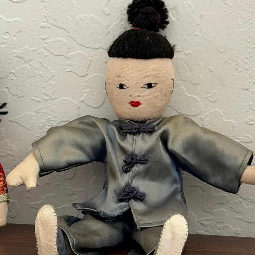 Pair Of Vintage Asian Dolls Primitive Blue Red‎ Boy and Girl Unique